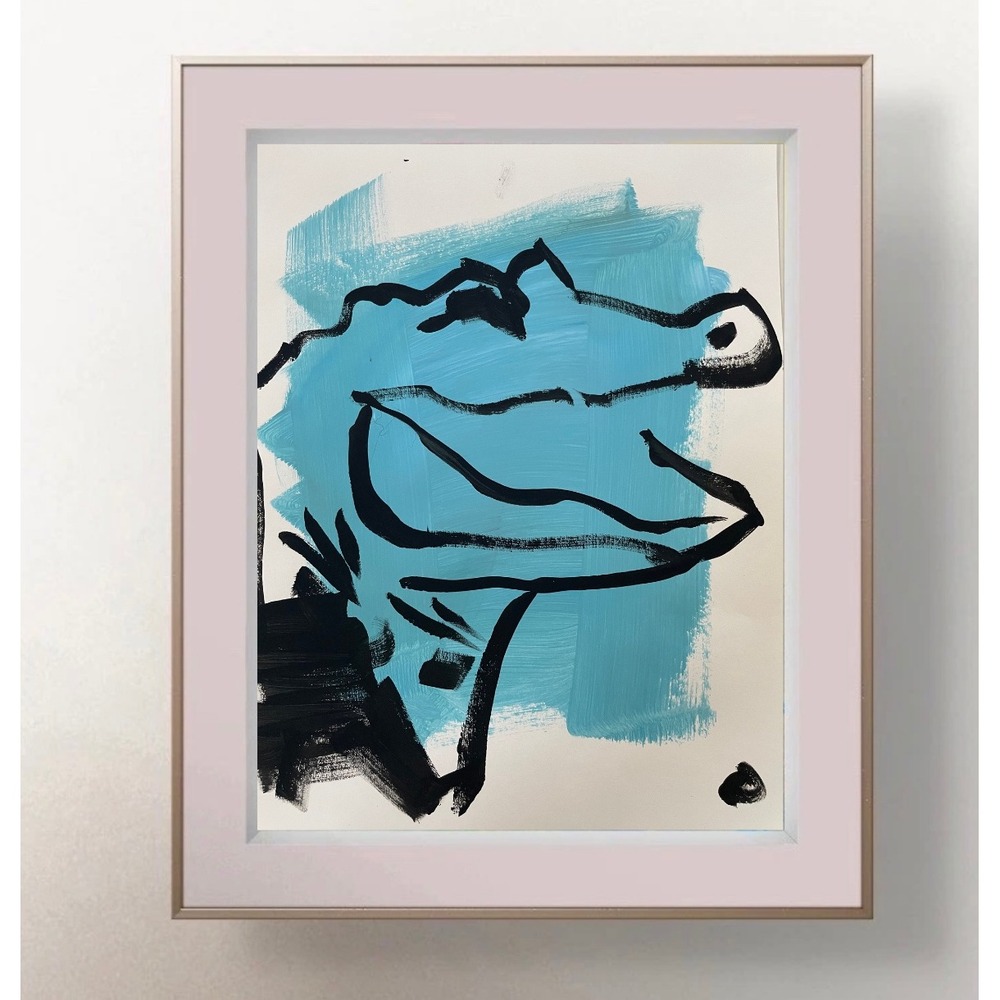 OMAN Original Alligator Painting Blue Black Modern Pop Art Florida Artist 8.5x11